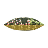 Rectangular polyester cushion shown side-on, revealing a plump bolster-style profile with forest green floral fabric on top and mustard leaf-print fabric beneath, on a plain white background.