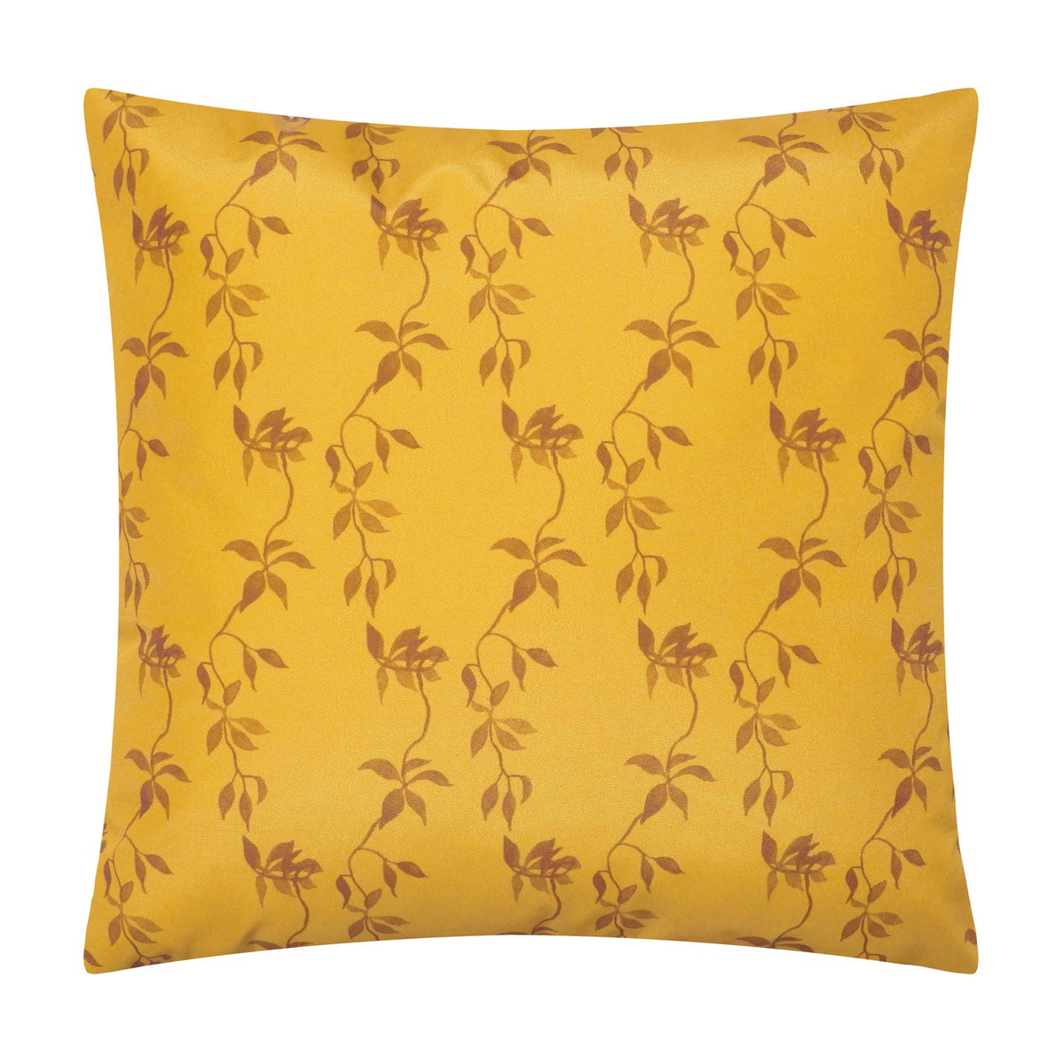 Square gold polyester cushion with a repeating leaf and vine pattern in brown tones, shown on a plain white background.