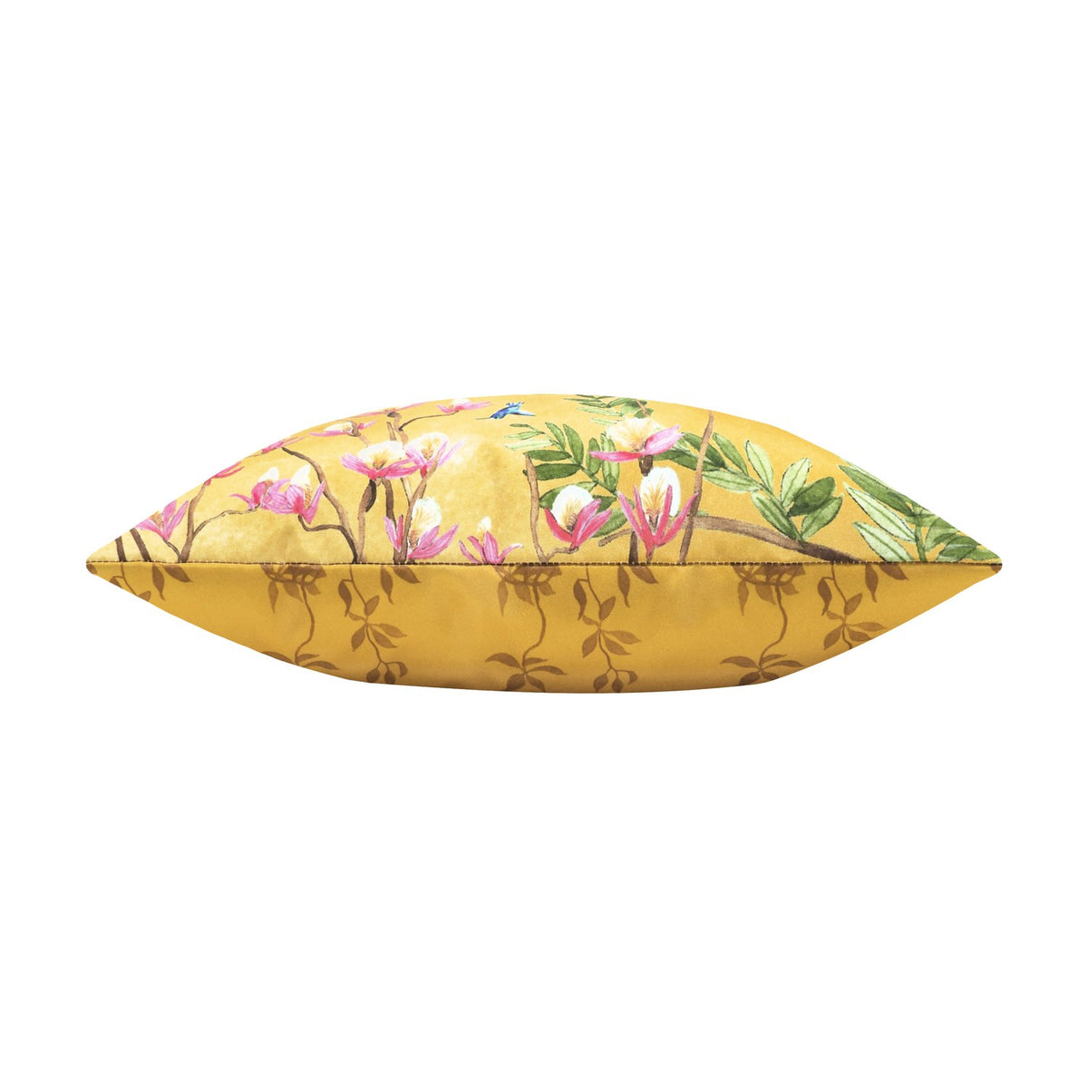 Side view of the Leopard Jungle Polyester Cushion in gold, showing a floral and foliage print with pink blossoms against a coordinating leaf-pattern reverse, on a white background.