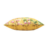 Side view of the Leopard Jungle Polyester Cushion in gold, showing a floral and foliage print with pink blossoms against a coordinating leaf-pattern reverse, on a white background.