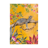 Leopard Animal Polyester Rug in Ochre, flatweave outdoor rug with a printed leopard on a branch amid tropical foliage and pink and cream blooms on a yellow ground.