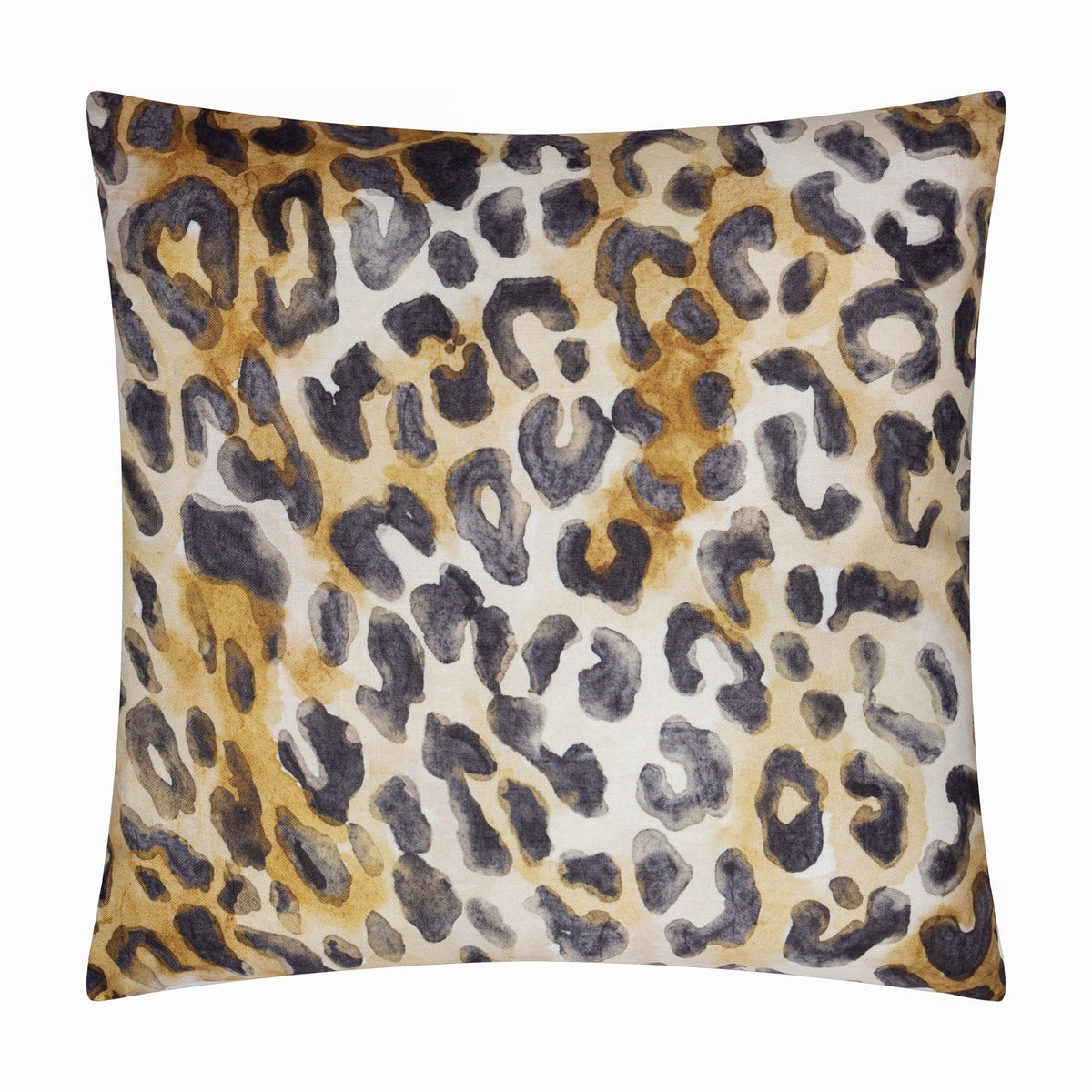 Square reversible polyester cushion showing a watercolour leopard print in grey and gold on a pale ground, shown on a plain white background.