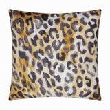 Square reversible polyester cushion showing a watercolour leopard print in grey and gold on a pale ground, shown on a plain white background.