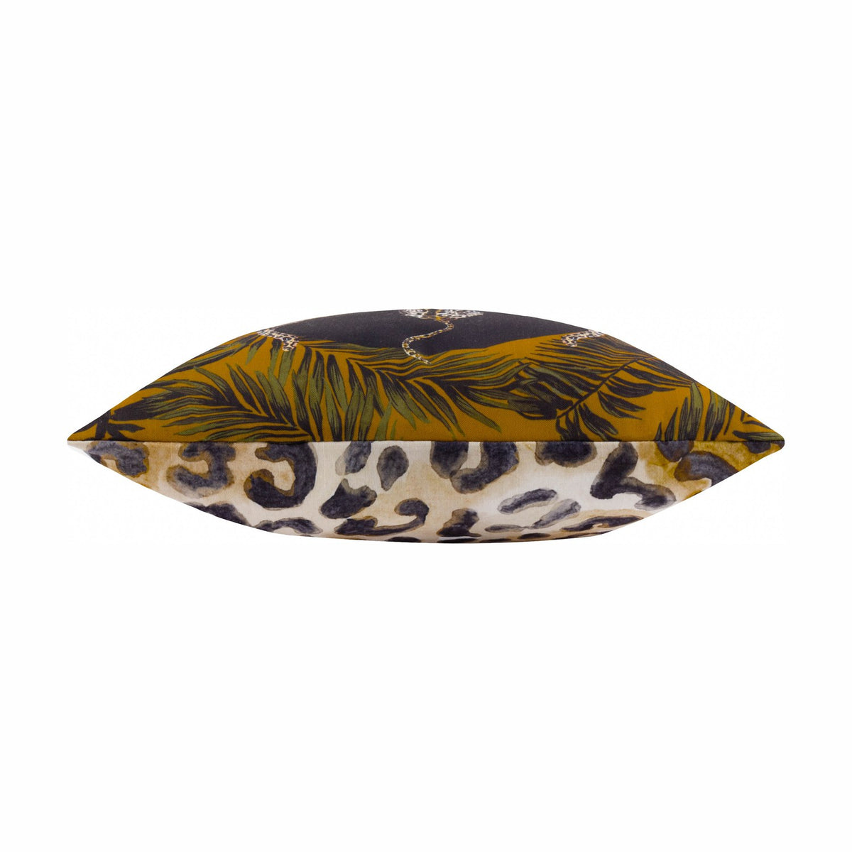 Leopardis reversible polyester cushion shown side-on, edge view revealing black, gold and green palm-frond print above a grey and gold leopard-print reverse, on a white background.