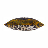 Leopardis reversible polyester cushion shown side-on, edge view revealing black, gold and green palm-frond print above a grey and gold leopard-print reverse, on a white background.