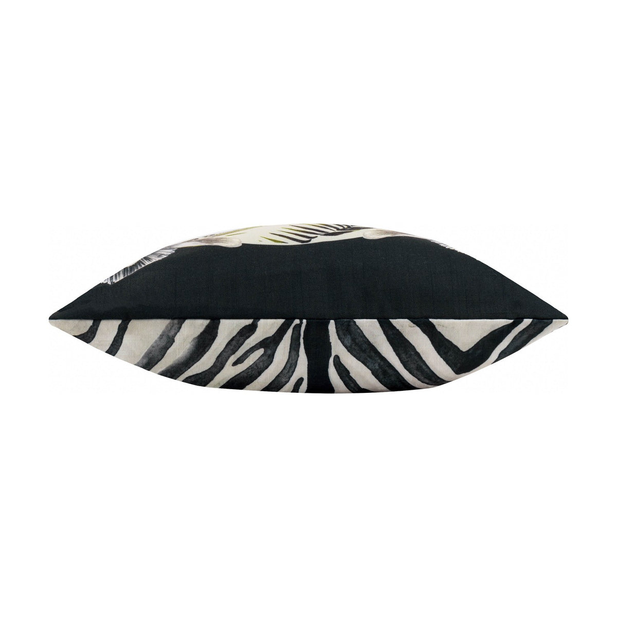 Side view of the Leopardis reversible polyester cushion showing zebra head print on one edge and zebra stripe pattern on the reverse, in black and cream, on a white background.