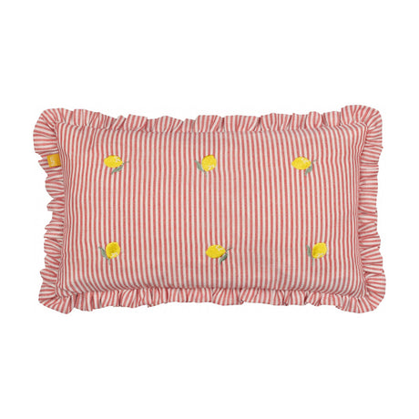Rectangular cushion in red and cream pinstripe polyester with embroidered yellow lemon motifs and green leaves, finished with a ruffle trim, shown on a plain white background.