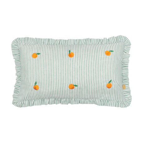 Rectangular scatter cushion with green and white pinstripe fabric, embroidered orange fruit motifs with green leaves, and a ruffle trim edge, shown on a plain white background.