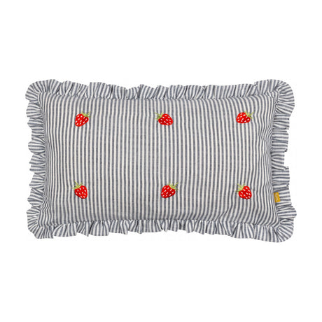 Rectangular cushion in blue-and-white pinstripe fabric with embroidered red strawberry motifs and a gathered ruffle trim, shown on a plain white background.