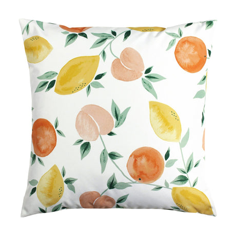 Les Fruits Abstract Polyester Cushion in multi, a 43 x 43cm square design featuring watercolour lemons, oranges and blush stone fruits among green leaves on a white ground.
