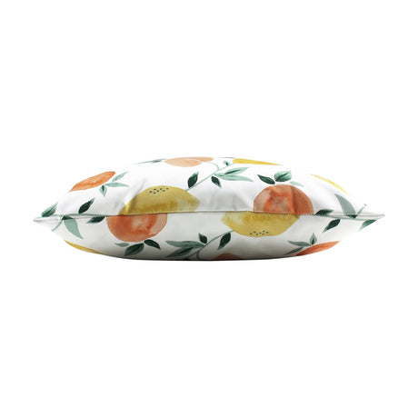 Side view of the Les Fruits Abstract Polyester Cushion, showing its plump square shape printed with watercolour lemons, oranges and green leaves on white, set against a plain background.