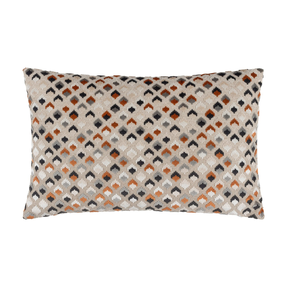 Lexington rectangular bolster cushion in jacquard velvet with a raised diamond pattern in ginger, rust, charcoal and grey on a natural base, shown on a white background.