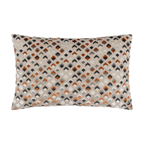 Lexington rectangular bolster cushion in jacquard velvet with a raised diamond pattern in ginger, rust, charcoal and grey on a natural base, shown on a white background.