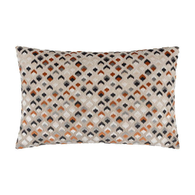 Lexington rectangular bolster cushion in jacquard velvet with a raised diamond pattern in ginger, rust, charcoal and grey on a natural base, shown on a white background.