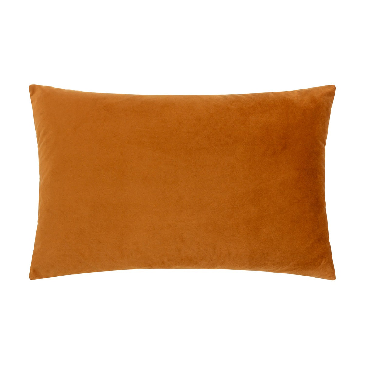Lexington rectangular bolster cushion in ginger velvet with jacquard weave, plain velvet face shown on a white background.