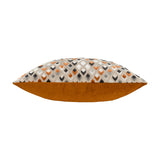 Lexington rectangular bolster cushion with jacquard velvet diamond pattern in ginger, charcoal and grey on a cream ground, plain solid ginger velvet reverse, shown on a white background.