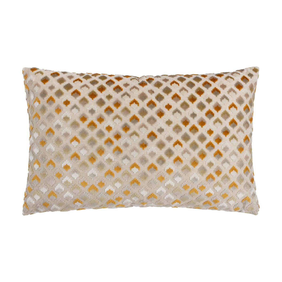 Lexington rectangular jacquard velvet cushion in gold, featuring a raised diamond lattice pattern in gold, taupe, grey and cream on a natural fabric base, shown on a white background.