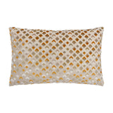 Lexington rectangular jacquard velvet cushion in gold, featuring a raised diamond lattice pattern in gold, taupe, grey and cream on a natural fabric base, shown on a white background.