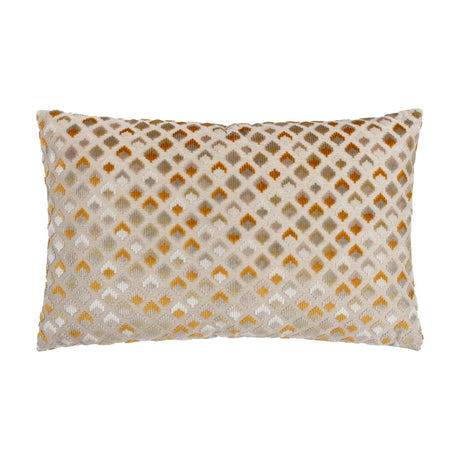 Lexington rectangular jacquard velvet cushion in gold, featuring a raised diamond lattice pattern in gold, taupe, grey and cream on a natural fabric base, shown on a white background.