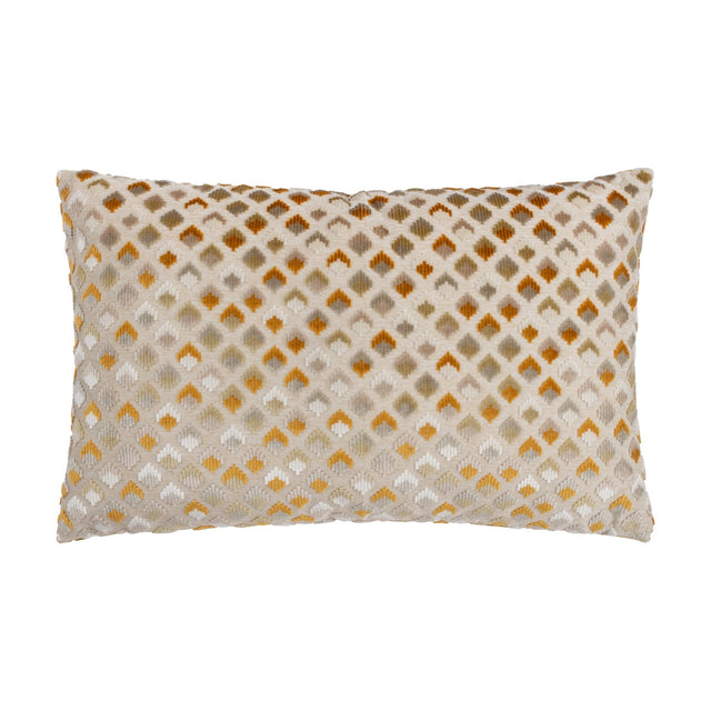 Lexington rectangular jacquard velvet cushion in gold, featuring a raised diamond lattice pattern in gold, taupe, grey and cream on a natural fabric base, shown on a white background.