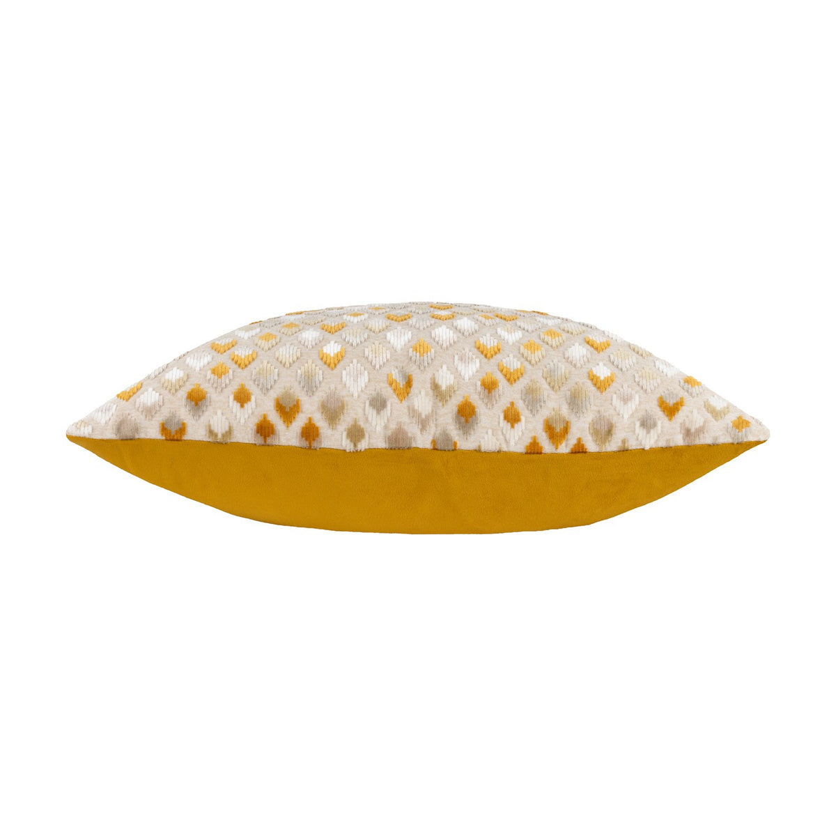Lexington Jacquard Velvet Cushion in gold, side view showing plain gold velvet reverse and a woven diamond-patterned front in cream, ochre and grey, on a white background.