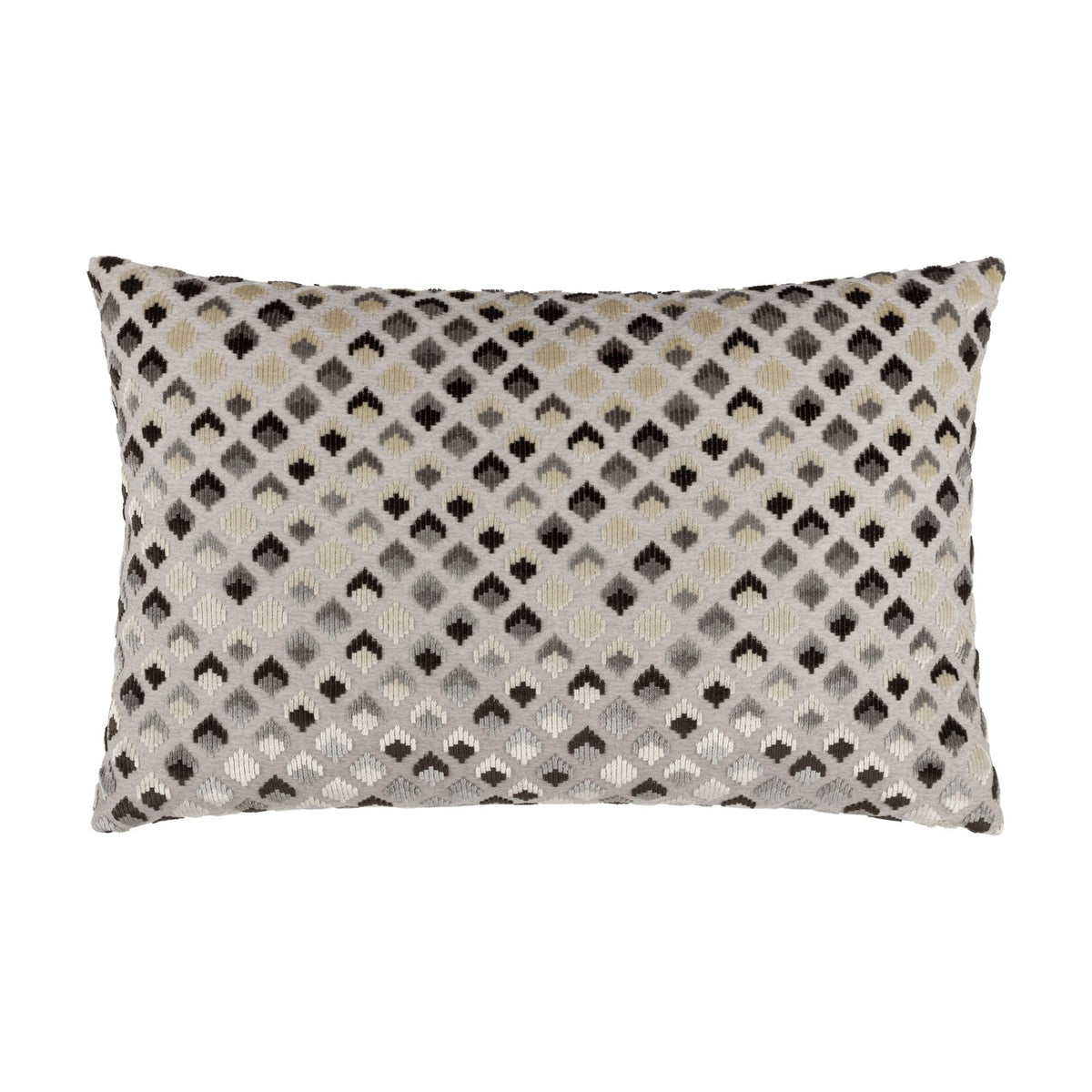 Lexington rectangular jacquard velvet cushion in grey, black, cream and gold-beige diamond pattern, shown against a plain white background.