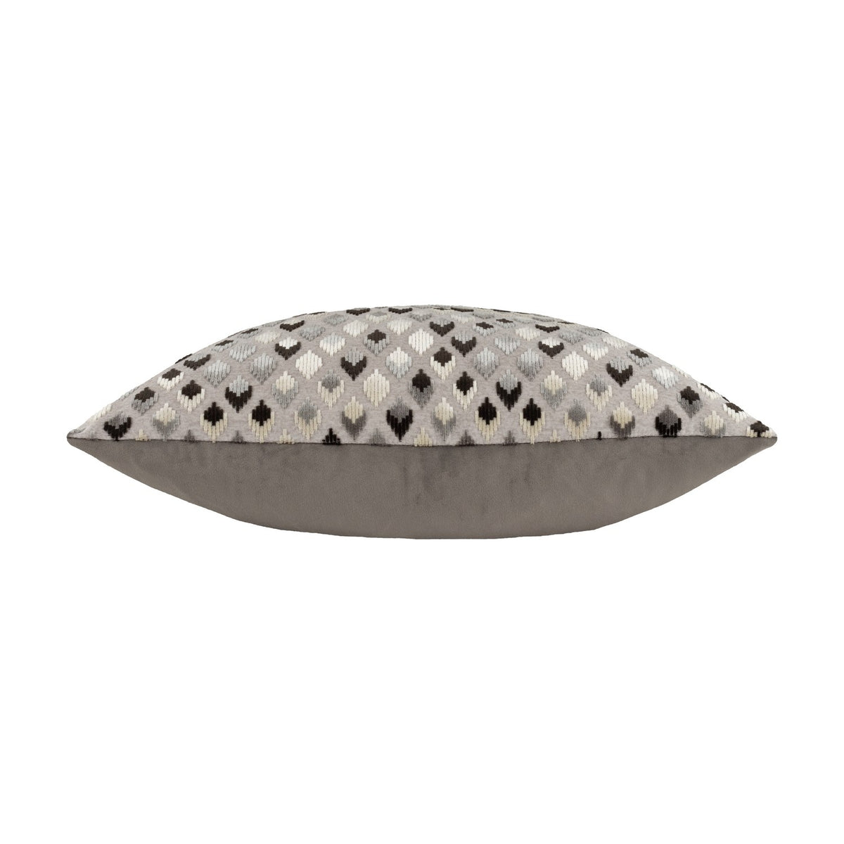 Side view of the Lexington Jacquard Velvet Cushion in grey and black, showing a diamond-patterned velvet face and plain grey reverse panel on a white background.