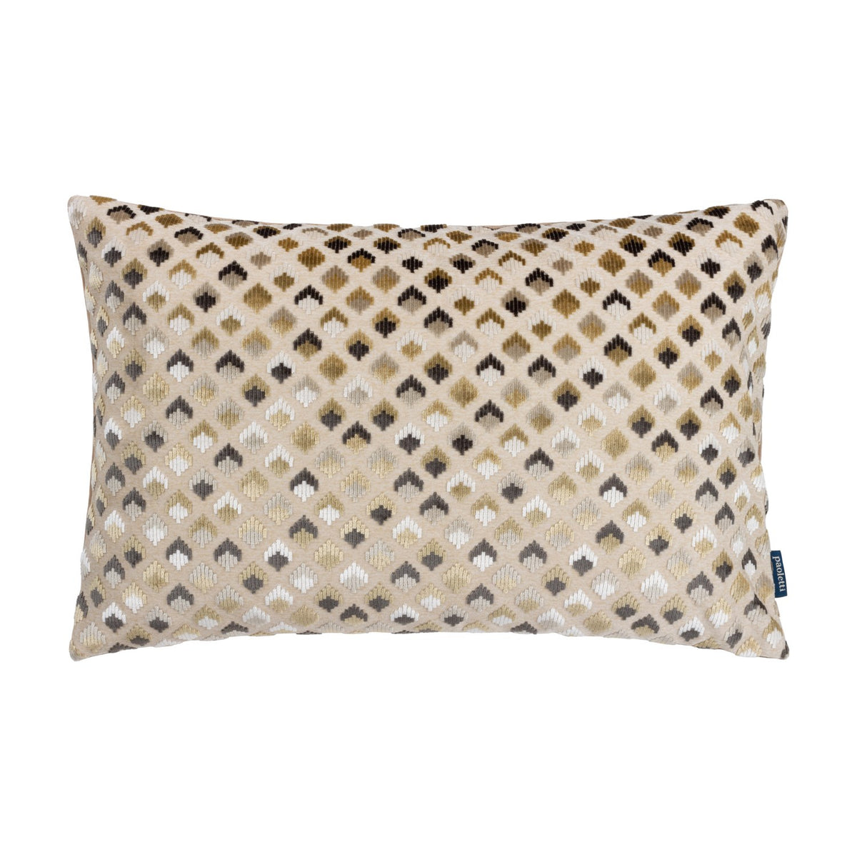 Lexington rectangular cushion in warm taupe with jacquard velvet diamond pattern in gold, charcoal, grey and white tones, shown against a plain white background.