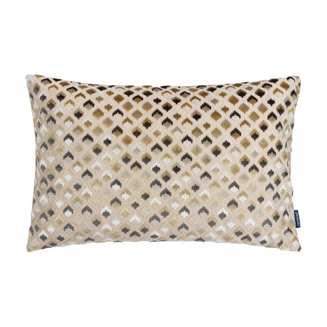 Lexington rectangular cushion in warm taupe with jacquard velvet diamond pattern in gold, charcoal, grey and white tones, shown against a plain white background.