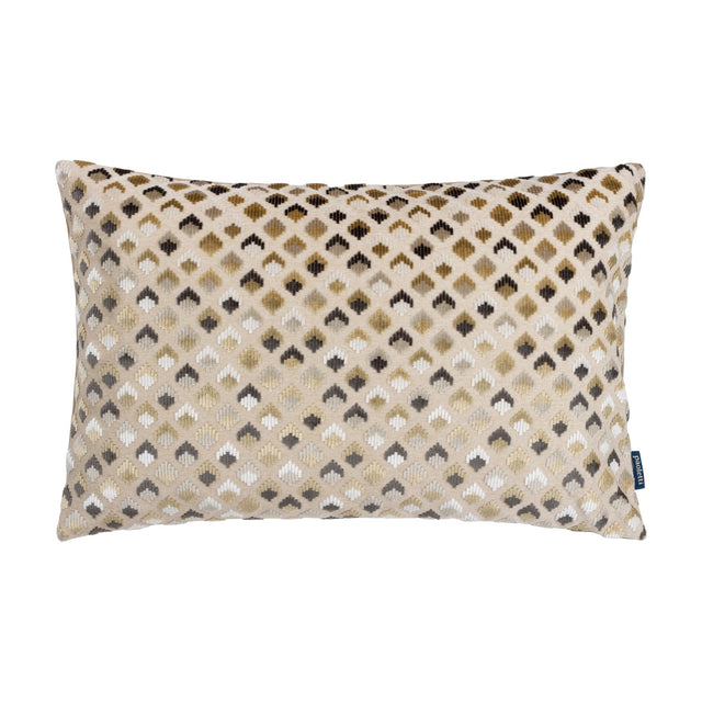 Lexington rectangular cushion in warm taupe with jacquard velvet diamond pattern in gold, charcoal, grey and white tones, shown against a plain white background.