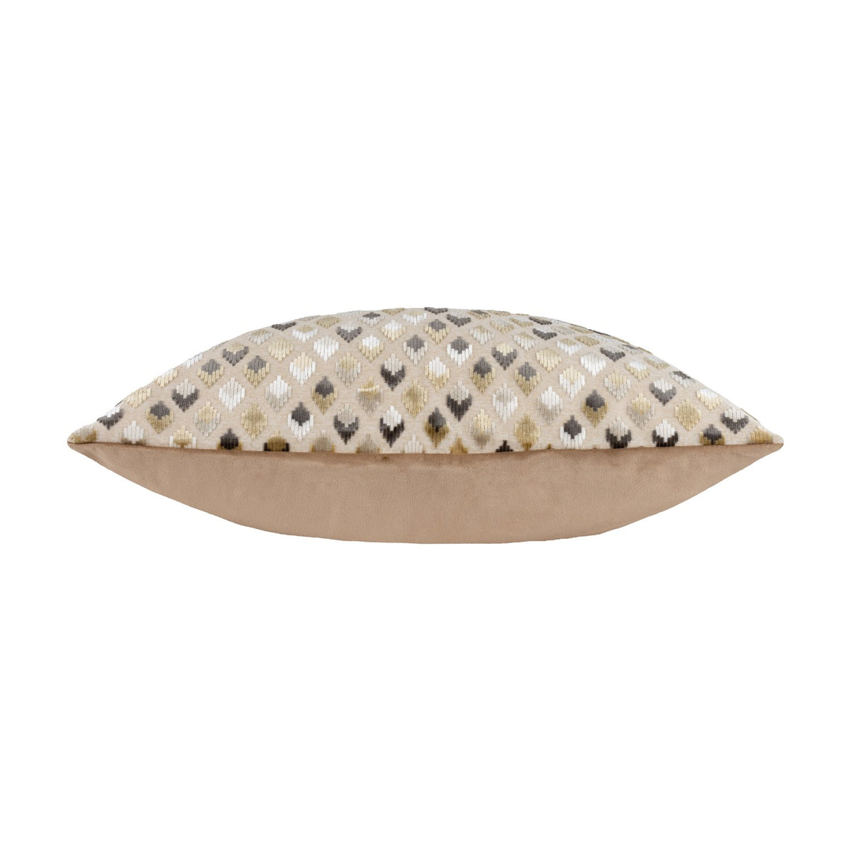 Lexington Jacquard Velvet Cushion in Warm Taupe, shown side-on with a diamond-patterned velvet face in gold, grey, charcoal and cream, and a plain taupe reverse, set against a white background.