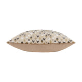 Lexington Jacquard Velvet Cushion in Warm Taupe, shown side-on with a diamond-patterned velvet face in gold, grey, charcoal and cream, and a plain taupe reverse, set against a white background.