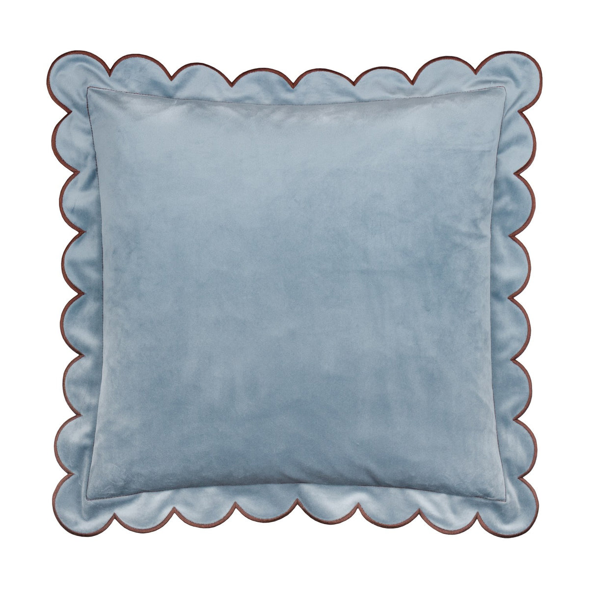 Lil Scallop Plain Velvet Cushion in soft blue with a scalloped edge and contrasting brown trim, square shape, shown on a plain white background.