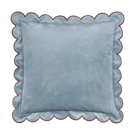 Lil Scallop Plain Velvet Cushion in soft blue with a scalloped edge and contrasting brown trim, square shape, shown on a plain white background.
