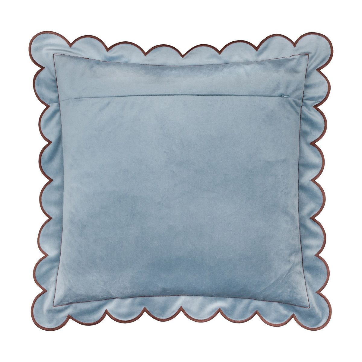Lil Scallop Plain Velvet Cushion in blue, square with scalloped edge and contrasting brown trim, velvet fabric on both sides, shown on a plain white background.
