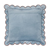 Lil Scallop Plain Velvet Cushion in blue, square with scalloped edge and contrasting brown trim, velvet fabric on both sides, shown on a plain white background.