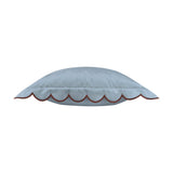 Side view of the Lil Scallop Plain Velvet Cushion in blue, showing its scalloped edge with contrasting brown trim, on a plain white background.