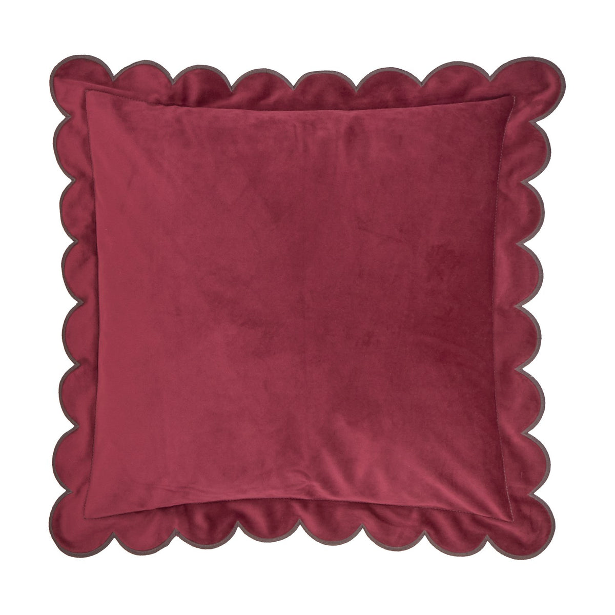 Lil Scallop plain velvet cushion in burgundy with a scalloped chocolate-brown trim edge, shown on a plain white background.