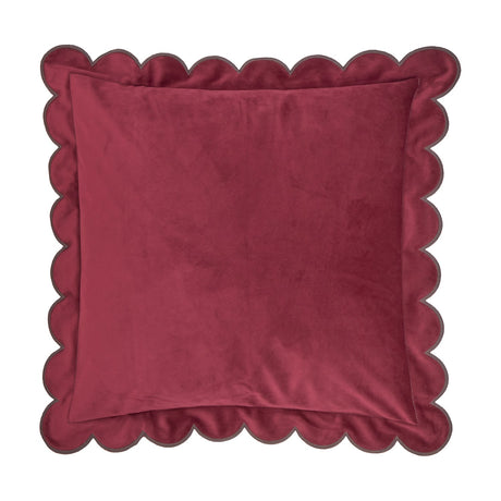 Lil Scallop plain velvet cushion in burgundy with a scalloped chocolate-brown trim edge, shown on a plain white background.