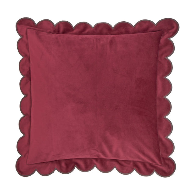 Lil Scallop plain velvet cushion in burgundy with a scalloped chocolate-brown trim edge, shown on a plain white background.