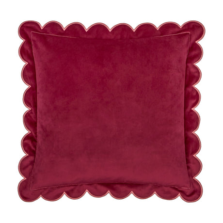 Lil Scallop Plain Velvet Cushion in Burgundy with a Slipper pink scalloped edge trim, shown as a 45 x 45cm square velvet cushion on a plain white background.