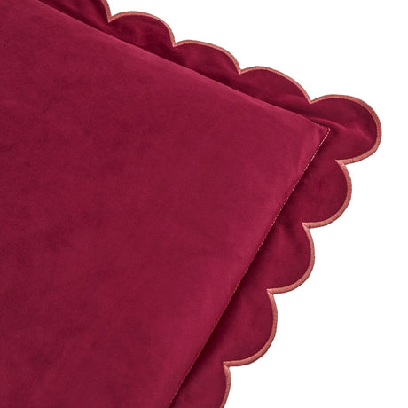 Lil Scallop Plain Velvet Cushion in burgundy with a Slipper pink scalloped edge trim, shown in close-up on a white background, highlighting the deep pile velvet finish.