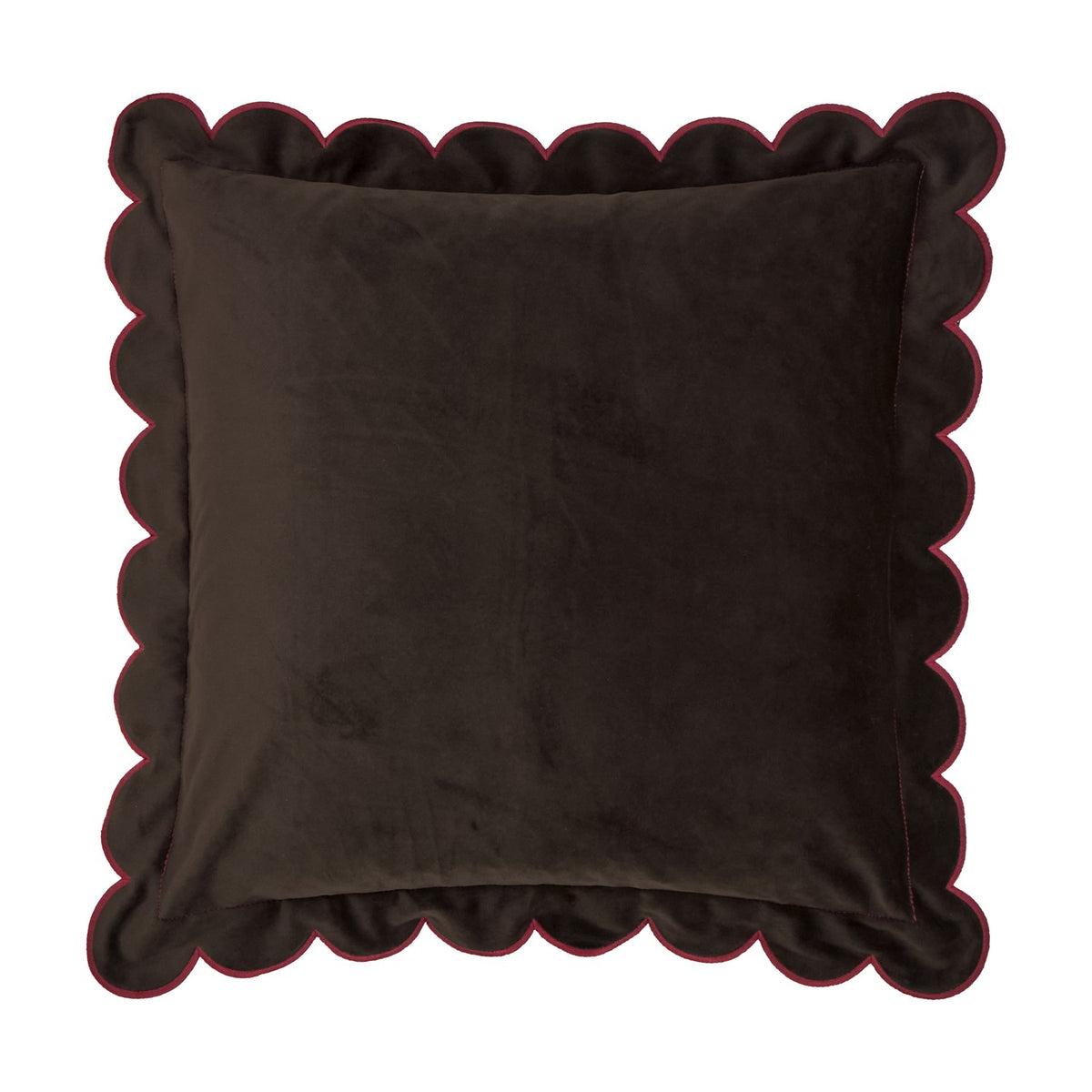 Lil Scallop Plain Velvet Cushion in chocolate brown with a scalloped edge and contrast burgundy piping, plain velvet fabric, shown on a white background.