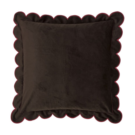 Lil Scallop Plain Velvet Cushion in chocolate brown with a scalloped edge and contrast burgundy piping, plain velvet fabric, shown on a white background.