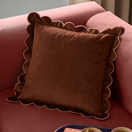Lil Scallop Plain Velvet Cushion - Chestnut / Natural