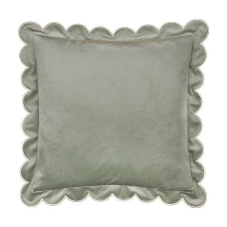 Lil Scallop Plain Velvet Cushion in sage green velvet with a scalloped edge outlined in natural piping, square shape, shown on a plain white background.