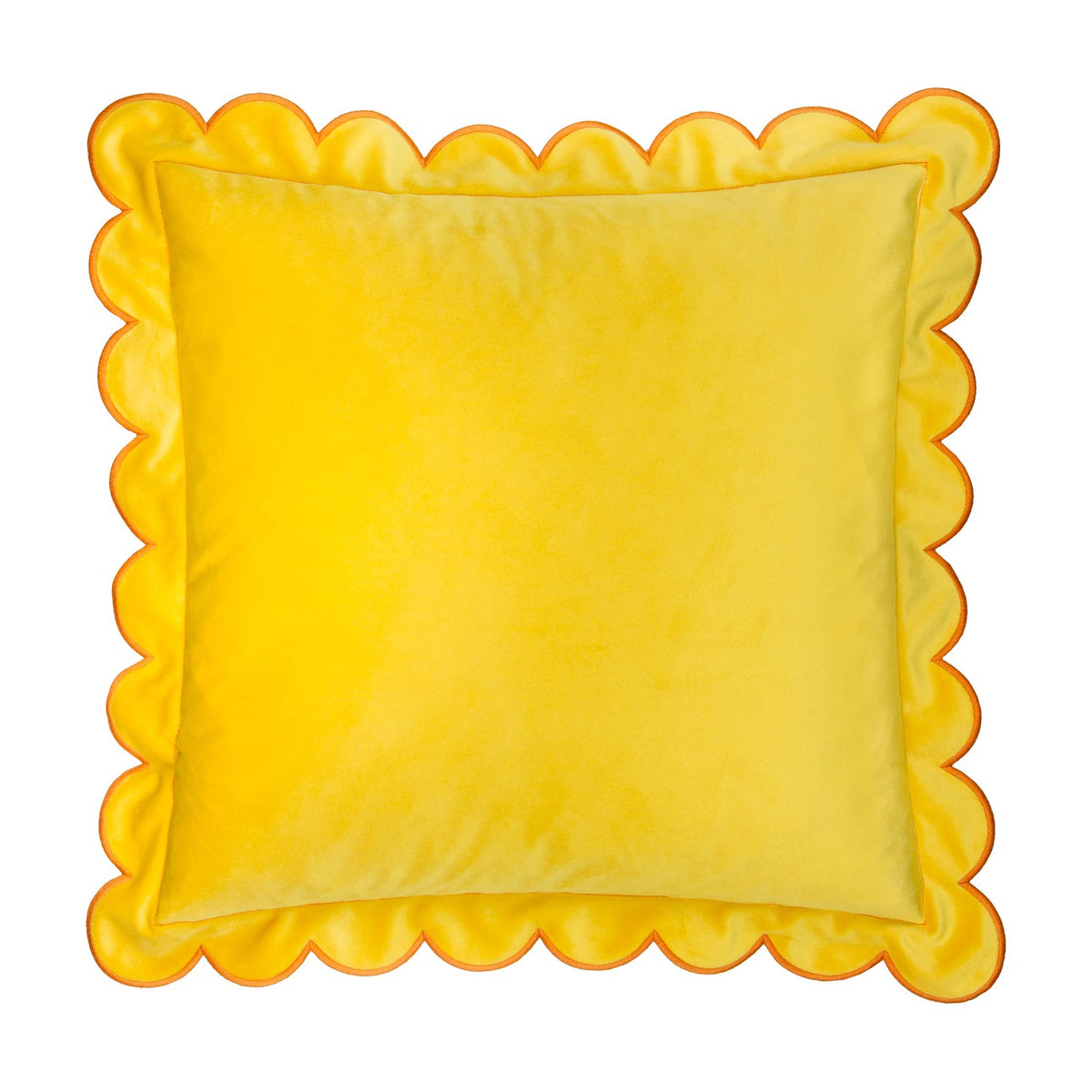 Lil Scallop Plain Velvet Cushion in lemon yellow with a scalloped ginger-edged border, square velvet design shown on a plain white background.
