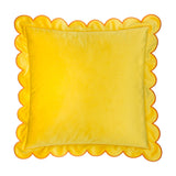 Lil Scallop Plain Velvet Cushion in lemon yellow with a scalloped ginger-edged border, square velvet design shown on a plain white background.