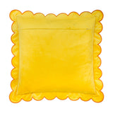 Lil Scallop Plain Velvet Cushion in lemon yellow with ginger-edged scalloped trim, showing the plain velvet reverse side with concealed zip, on a white background.