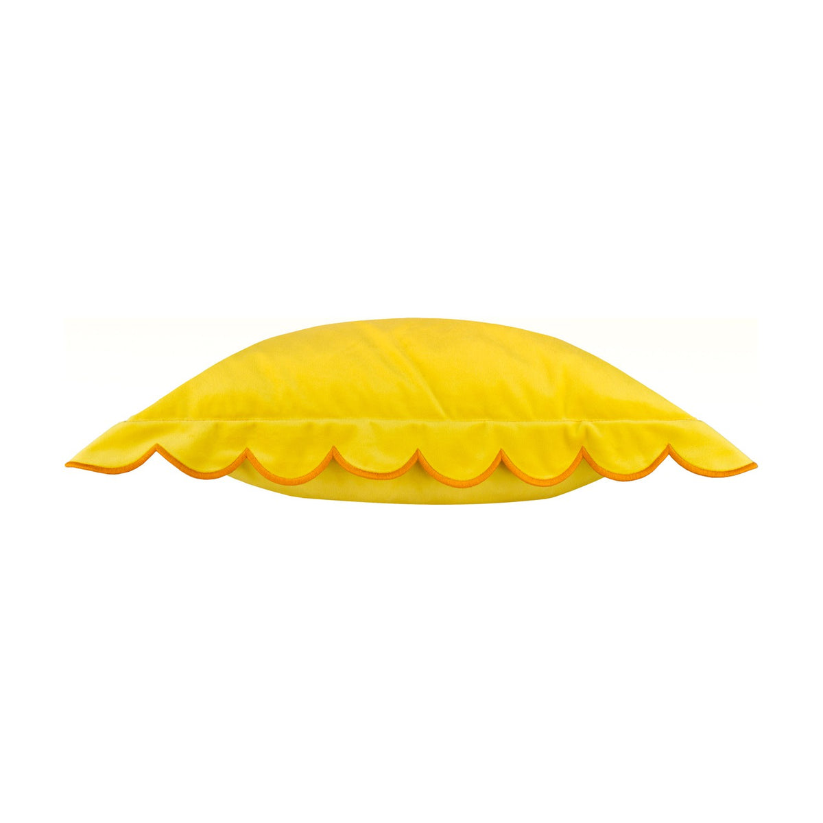 Lil Scallop Plain Velvet Cushion in lemon yellow, shown side-on with scalloped edge trim in ginger orange, plain white background.